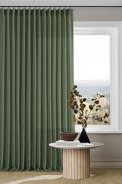 Pleated Linen Curtains 90 Inches Long for Living Room Pinch Pleat Hooks for Track System Back Tab Custom Made Memory Shape Drape Light Filtering Olive Green Living Room Bedroom Window Curtain 90 Inch