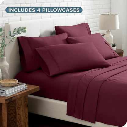 Bare Home Hotel Luxury Queen Sheet Set, Extra Soft - 6 Piece Set - Deep Pockets - Easy Fit - Cooling & Breathable - Wrinkle, Fade, Stain Resistant - Includes 4 Pillowcases (Queen, Burgundy)