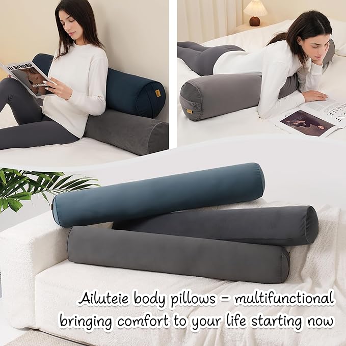 Long Pillow for Bed – Round Bolster Pillow for Adults, Body Pillow for Sleeping, Ergonomic Support,59 x 7.87 Inches,Steel Gray