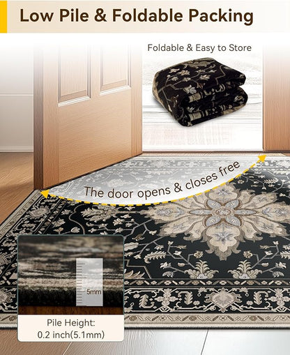 Area Rugs 2'x3' Washable Non-Slip, Floral Vintage Distress Print Pattern Medallion Carpet for Living Room Bedroom Dining Room, Black Brown Neutral Dark Tan