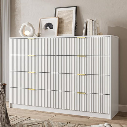 White Dresser for Bedroom, 8 Drawer Double Dresser, Modern Chest of Drawers for Bedroom, Living Room, Entryway and Closet, 55" L x 15.7" D x 37.4" H