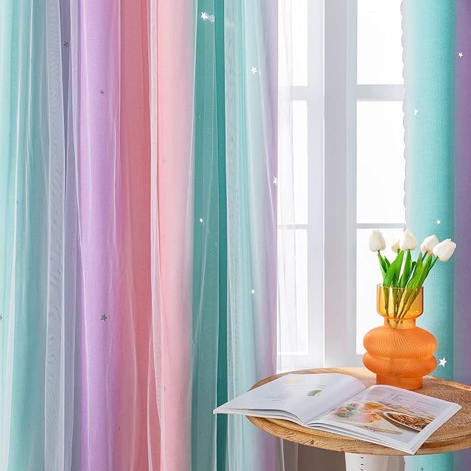 XiDi Curtains for Bedroom Kids Rainbow Pink Purple Green Curtains for Girls Room Darkening 42/79