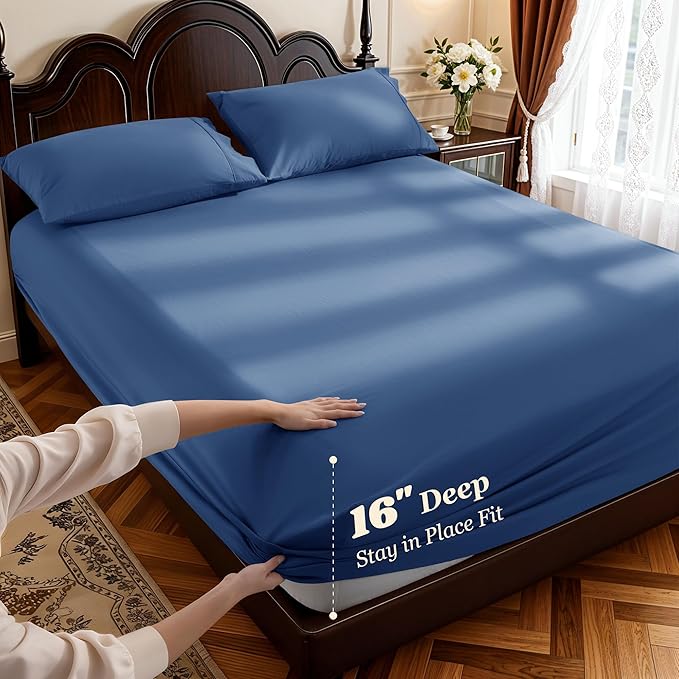 LBRO2M 1000 Thread Count 100% Cotton Sheets Set,Full Size Bed Sheet 4 Piece Sets,Long Staple,16 Inches Deep Pocket,All Season,Bedding Super Soft Comforterble Breathable,Sateen(Navy Blue)