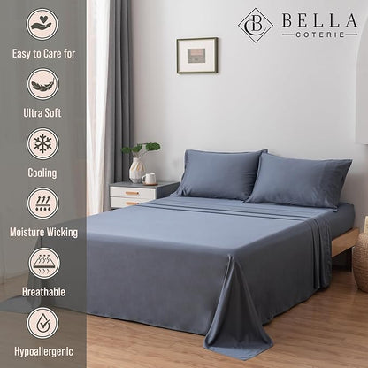 Bella Coterie Luxury Bamboo Viscose Full Size Sheet Set | 100% Organically Grown | Ultra Soft | Cooling for Hot Sleepers | 18" Deep Pocket [Slate Blue]