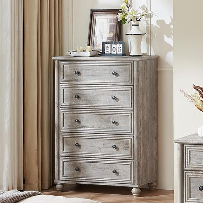 Farmhouse 5 Drawers Dresser for Bedroom, Wood 45" Tall Chest of Drawers, Dresser Rustic Storage Dressers Organizer with Metal Handle Closet for Living Room, Hallway Entryway