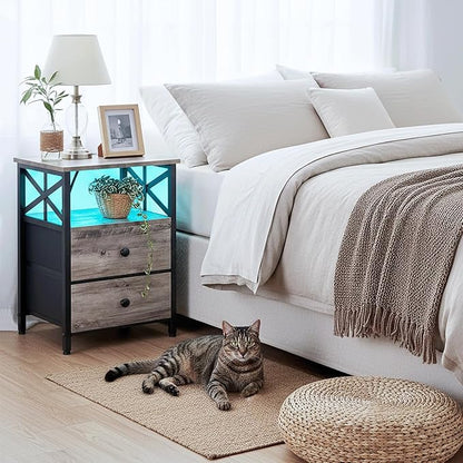 AMHANCIBLE Night Stand Set 2, LED Nightstand with Charging Station, End Tables Living Room with Fabric Drawers, Bed Side Table for Bedroom, Greige, HET052LGY
