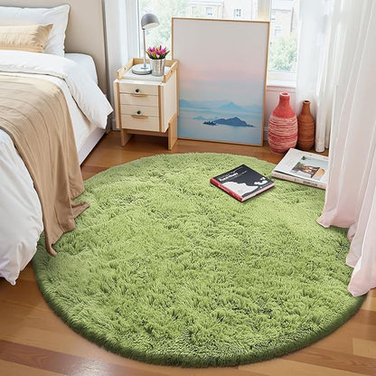OLANLY Grass Green Round Rugs for Bedroom - Machine Washable, 4 ft Circle Area Rugs for Living Room, Soft and Fluffy Shaggy Carpet for Teen Girls and Boys, Nursery Rooms, Dorms, Home Decor Aesthetic