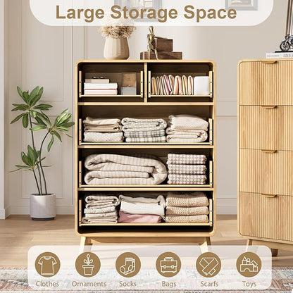 QUW Fluted Dresser for Bedroom with 5 Drawers, Modern 40.2" Tall Drawer Dressers with Metal Handle, Wooden Chest of Dresser for Living Room, Hallway, Natural Oak