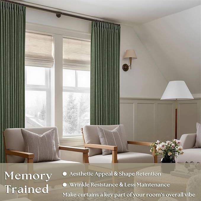 Loden 120 Inch Long Curtains Extra Long Olive Green Linen Pinch Pleated Curtains 2 Panels for Living Room Bedroom Thick Linen Pleated Hooks Rings Back Tab 120 Inch Drapes for Large Window