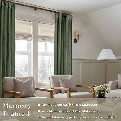 80 Inches Long Olive Green Linen Curtains for Living Room Pinch Pleat Hooks for Living Room Back Tab Thick Linen Textured Pleated Drapes Light Filtering Loden Bedroom Window Curtains 80 Inch Length