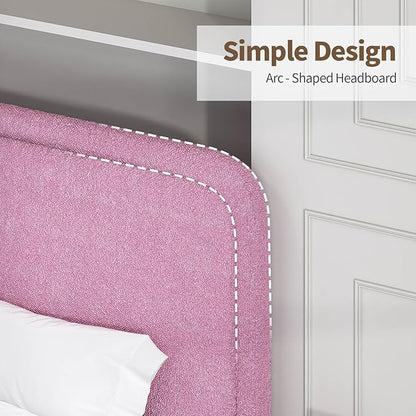 BarnFurin Full Size Bed Frame with Headboard, Boucle Upholstered Platform Bed Frame, Modern Style, Soft Rounded Corners, No Box Spring Required, Easy Assembly, Rose Pink