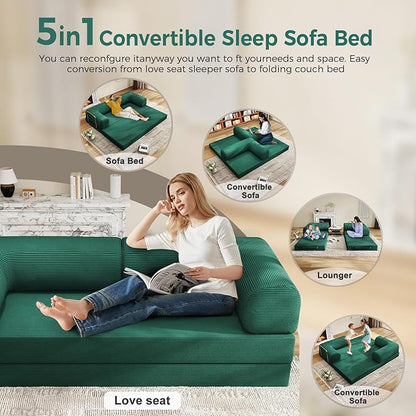 4-in-1 Folding Convertible Sofa Bed, 78 Inch Boneless Couch with Fixed-Shape Frame, Corduroy Loveseat Sleeper with Pull Out Bed, Floor Sofa Modular Futon Couch for Living Room Bedroom Lounge
