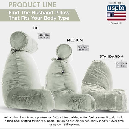 Husband Pillow XXL Reading Pillow for Bed Backrest with Arms - Desert Sage Adult - Unmatched Support Pillow for Sitting Up in Bed - Shredded Memory Foam Comfy Microplush Cover & Detachable Neck Roll
