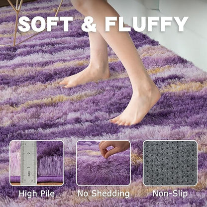 Fluffy Rugs for Living Room Bedroom, 4x6 Feet Abstract Purple Shag Area Rug, Non-Slip Indoor Modern Fuzzy Plush Floor Carpet for Dorm Nursery Kids Room Decor, Soft Shaggy Throw Rug
