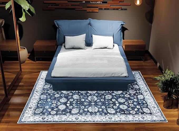 Bloom Rugs Washable Non-Slip 2' x 3' Rug - Dark Blue Traditional Bordered Area Rug for Living Room, Bedroom, Dining Room, and Kitchen - Exact Size: 2' x 3'