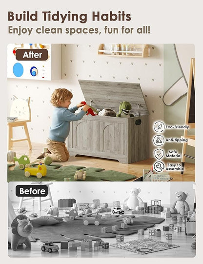 DINZI LVJ Storage Chest, 31.5”Wooden Toy Box with 2 Safety Hinges, Entryway Storage Bench with Flip-Top, Sturdy Storage Trunk for Living Room, Bedroom, Easy Assembly, Gray Wash