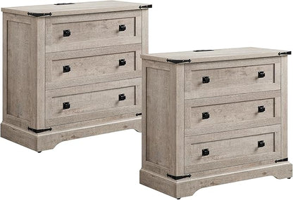 T4TREAM 32" Farmhouse Nightstand with Charging Station Set of 2, Large End Table with 3 Storage Drawers, Rustic Wood Bedside Table for Bedroom, Living Room, Light Rustic Oak