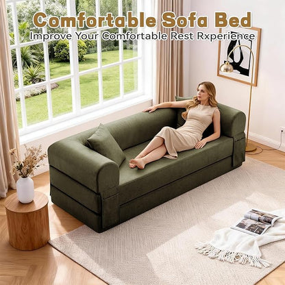 Convertible Folding Sofa Bed,78.5 Inch Faux Leather Futon Couch with Pillows & Storage Pocket,5-in-1 Queen Sleeper Sofa in a Box with Pull Out Bed,Boneless Couch for Living Room Bedroom,Green