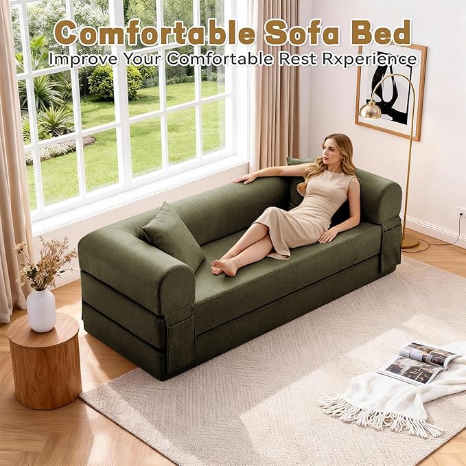 Convertible Sleeper Sofa Bed,78.5 Inch Faux Leather Futon Couch with Pillows & Storage Pocket,5-in-1 Folding Sofa Bed Queen with Pull Out Beds,Boneless Couches for Living Room,Couch in a Box,Green