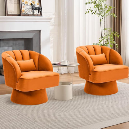 GarveeHome Modern Swivel Barrel Accent Chair, 360° Velvet Upholstered Armchair with Striped Backrest & Plush Padding, Comfy Round Lounge Chair (1, Orange + Velvet)