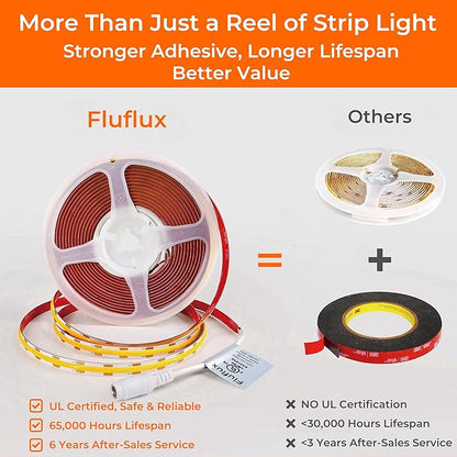 COB LED Strip Lights Warm White 3000K, 24V DC Premium Tape Light with Strong 3M VHB Tape, CRI 95, UL Listed, Cuttable, Dimmable, 3W/FT for Bedroom, Kitchen, Cabinet (NO Power Supply)