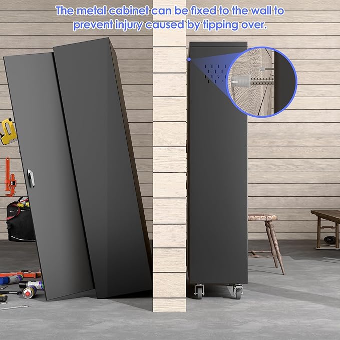 27.6 in Wide Garage Storage Cabinet with Wheels, Metal Storage Cabinet with Pegboards and 4 Adjustable Shelves, Garage Storage System with Lockable Door for Offices, Gyms and Pantries, Black
