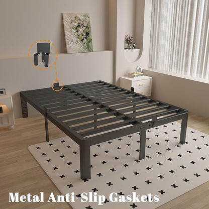16 Inch Bed Frame Queen Size with Metal Gaskets, Black Queen Platform Bed Frame No Box Spring Needed, Heavy Duty Steel Support, Round Corner Design, Storage Space, Noiseless, Easy Assembly