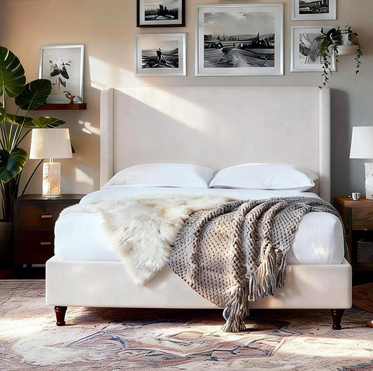 Harper 54" Extra-Tall Headboard Bed Frame - Modern Wingback Upholstered Platform Bed, 1000lbs Heavy Duty Support, Textured Chenille, No Box Spring Needed(Cream White Queen)