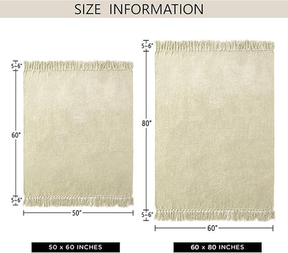Chenille Throw Blanket for Couch 60"X 80" Twin, Soft Cozy Throws with Fringe Tassel for Bed Sofa Chair Cover, Lightweight Knitted Decorative Boho Blankets for Living Room, Light Beige