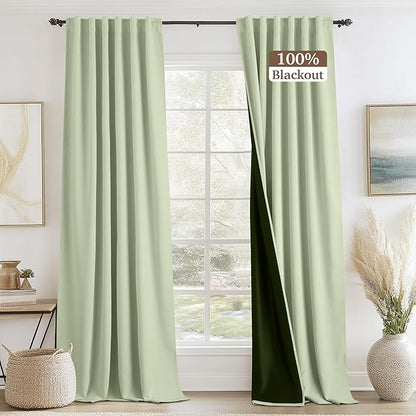 RYB HOME Sage Green Chenille Velvet Curtains 96 inches for Bedroom Living Room Office, 100% Light Blocking Thermal Insulated Soundproof Window Curtains & Drapes with Back Tab, W52 x L96, 2 Panels
