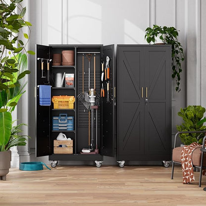 31.5 in Wide Garage Storage Cabinet, Metal Tool Cabinet with 4 Adjustable Shelves, Garage Storage System with Lockable Door for Offices, Gyms and Pantries, Black