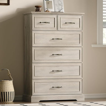Farmhouse 6 Drawers Dresser for Bedroom, 49" Tall Modern Chest of Drawers with Deep Drawers & Bar Handles, Rustic Wood Dresser TV Stand, Wooden Closet Storage Organizer for Living Room, Hallway, Grey