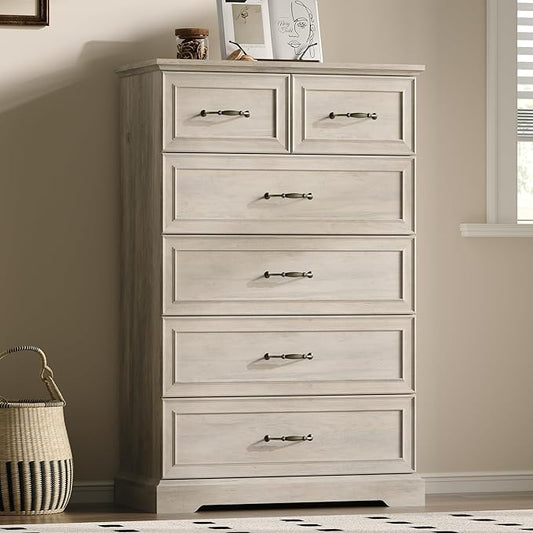 Farmhouse 6 Drawers Dresser for Bedroom, 49" Tall Modern Chest of Drawers with Deep Drawers & Bar Handles, Rustic Wood Dresser TV Stand, Wooden Closet Storage Organizer for Living Room, Hallway, Grey