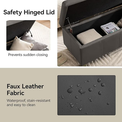 51" Faux Leather Storage Ottoman, Stitch Tufted Rectangle Upholstered End of Bed Storage Bench, Entryway Large Couch Ottoman with Wooden Legs,Dark Grey