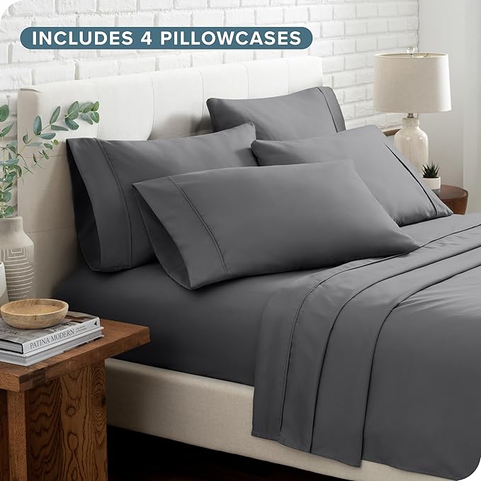 Bare Home Hotel Luxury Split California King Sheet Set, Extra Soft, Deep Pockets, Easy Fit, Cooling & Breathable, Wrinkle, Fade, Stain Resistant, Includes 4 Pillowcases (Split Cal King, Grey)