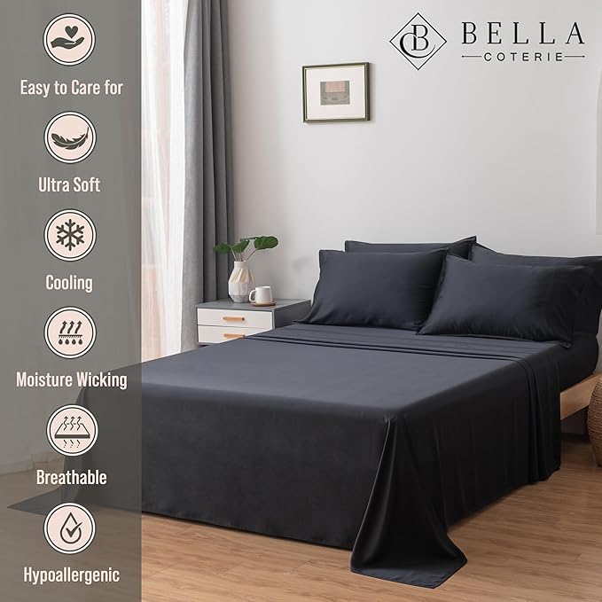 Bella Coterie 6 Piece Luxury Bamboo Viscose Split Top King Size Sheet Set | 34" Split for Adjustable Beds | 100% Organically Grown| Cooling | 18” Deep Pocket | 4 Pillowcases [Black]