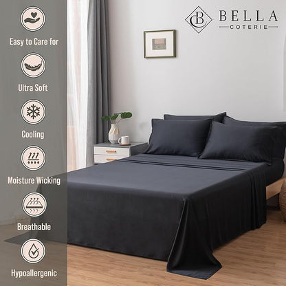 Bella Coterie 6 Piece Luxury Bamboo Viscose California King Size Sheet Set | 100% Organically Grown | Cooling for Hot Sleepers | 18" Deep Pocket | Soft & Hypoallergenic | 4 Pillowcases [Black]