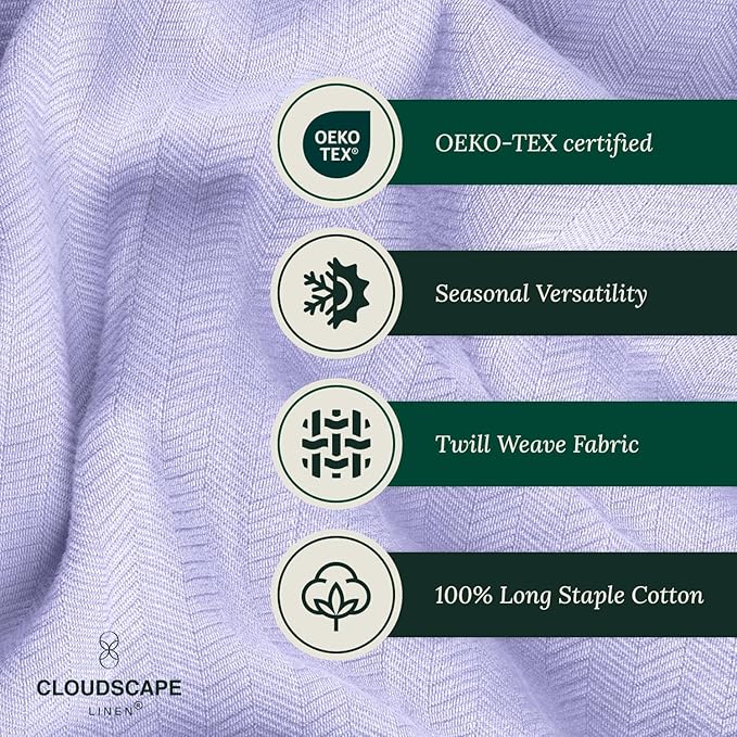 Cloud Scape Linen 100% Cotton Blanket King 92x108 Lavender Blue - Cozy Herringbone Weave, Fits Up to Cal King Beds, Breathable Softness, All-Season Warmth, Heavy Layering Winter Blanket