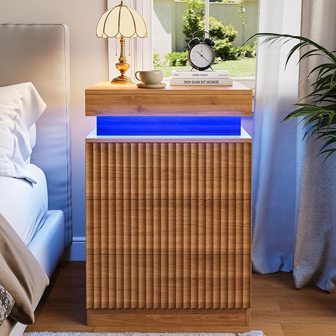 Nightstand with Charging Station & LED Lights, Small Modern Fluted Bedside & End Table with 3 Drawers, Sliding Top & Hidden Storage, Wooden Farmhouse Night Stand for Bedroom Office or Sofa, Walnut