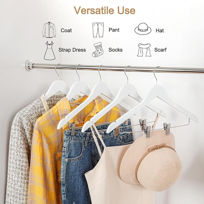 TOPIA HANGER Wooden Suit Hangers with Adjustable Metal Clips (10 Pack), Solid Smooth Wood Clothes Hangers, 360° Swivel Hook, Premium Pants Hangers for Clothes Coat, Jeans, Blouse-White,CT28W
