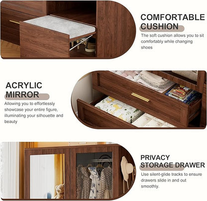 PAKASEPT 2 Doors Armoire Wardrobe Closet with Mirror,71'' Tall Freestanding Wooden Wardrobe Closet Farmhouse Storage Cabinet for Bedroom with Hanging Rod,Clothes Hook,Drawers,Hidden Bench,Retro Brown