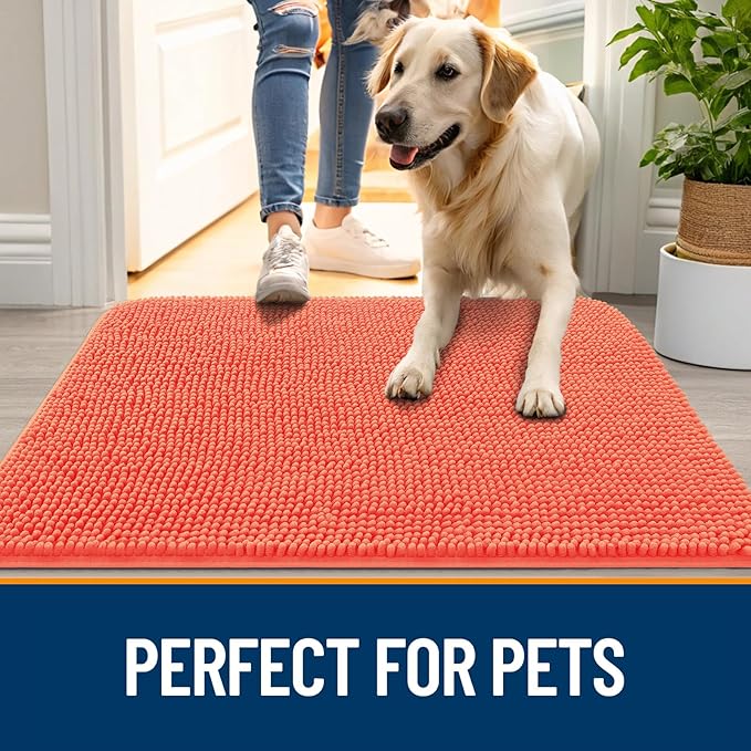 OLANLY Dog Door Mat for Muddy Paws 54x24, Absorbs Moisture and Dirt, Absorbent Non-Slip Washable Doormat, Quick Dry Chenille Mud Mat for Dogs, Entry Indoor Entryway Carpet for Inside Floor, Coral