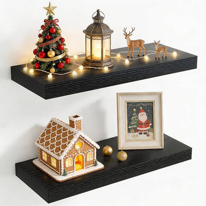 24 Inch Floating Shelves for Wall, 8 Inch Deep Floating Shelf for Storage & Display, Rustic Wall Mounted Shelf with Invisible Brackets for Living Room, Kitchen, Bathroom, Home Decor, Set of 2, Black