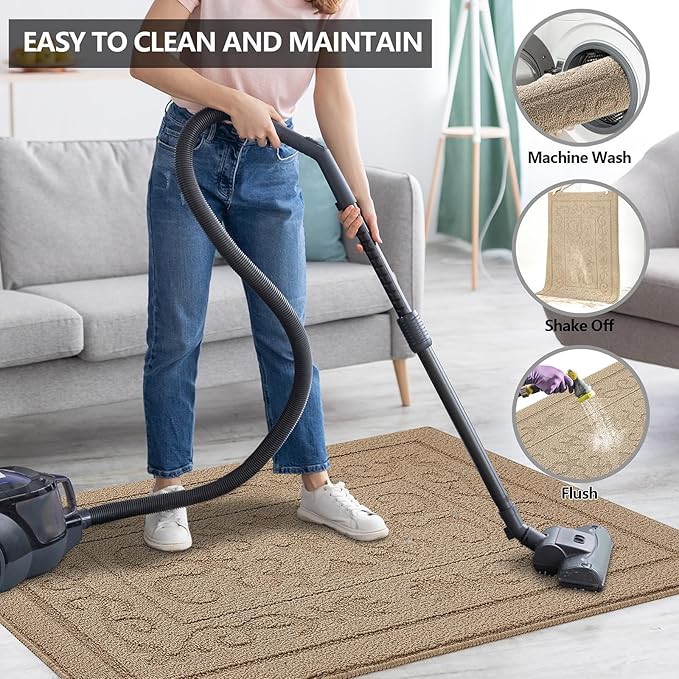 FONEYI Indoor Door Mat 24" x 36", Dirt Trapper Door Mats Non-Slip Entryway Rugs Washable, Absorbent Resist Dirt Welcome Mat, Low Profile Inside Floor Mats for Front Back Door and Entryway, Beige