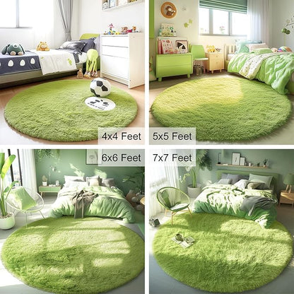 OLANLY Grass Green Round Rugs for Bedroom - Machine Washable, 4 ft Circle Area Rugs for Living Room, Soft and Fluffy Shaggy Carpet for Teen Girls and Boys, Nursery Rooms, Dorms, Home Decor Aesthetic