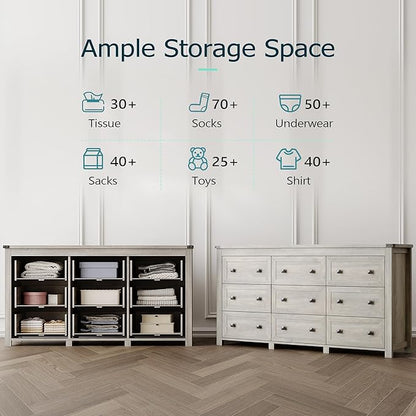 Dresser for Bedroom with 9 Drawers, Farmhouse Wood Chest of Drawers, Wide TV Stand Closet Storage Furniture with Metal Handle, Modern Clothes Organizer for Hallway, Living Room, Entryway, Light Grey