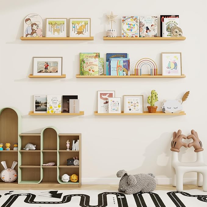 Picture Ledge Shelf, Solid Pine Wood Floating Shelves Set of 2, 24 Inches Nursery Book Shelves for Toys Storage, Kids Bookshelf Wall Mounted for Living Room Bedroom Decor Books Photo Frames, Natural