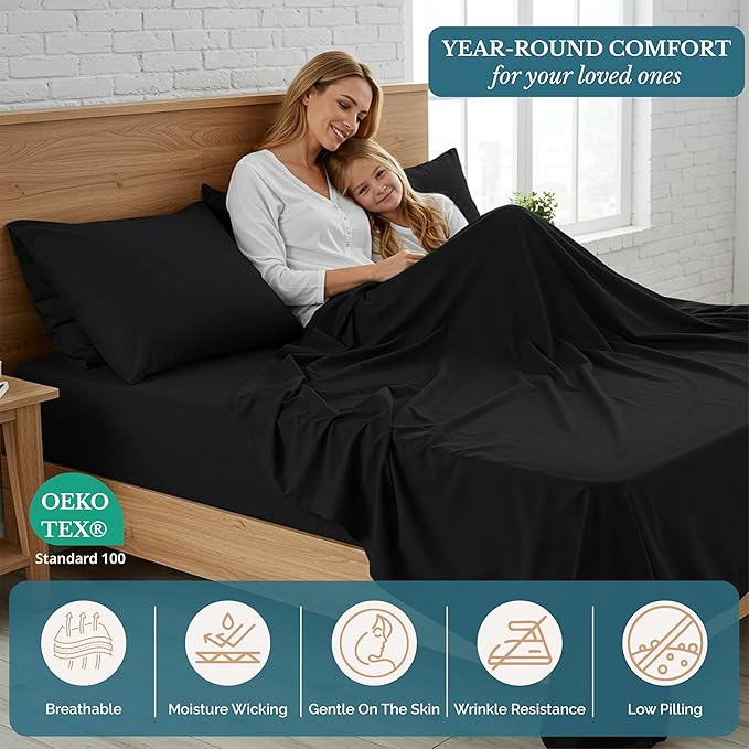 Casa Platino California King Sheets, 4 Piece Set, Pre-Washed Ultra Soft Bed Sheets Set, Brushed Microfiber California King Bedding Sets, California King Size Sheets with 15 inch Deep Pockets - Black