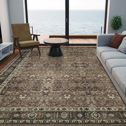 4x6 Vintage Washable Area Rug for Living Room,Low Pile Non Slip Carpet Non-Shedding Small Area Rug Soft Indoor Stain Resistant Rug Floral Print Mat for Bedroom Dining Room Brown Floral