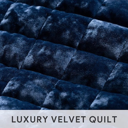 RECYCO Luxury Velvet Quilt Set Twin/Twin XL Size, Lightweight Velvet Comforter Set, Oversized Bedspread Coverlet Quilted Bedding Set, with 1 Matching Pillow Sham, for All Season, Navy Blue